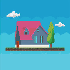 Pixel art of house with tree