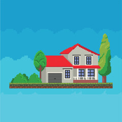 8-bits houses with tree gaming assets illustration