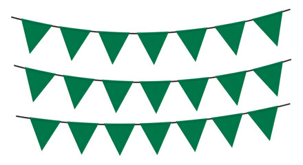 Bright garland on white background, Carnival garland with flags isolated on white background. Decorative green  pennants for birthday celebration, festival and bright decoration.

