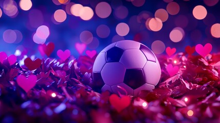 Fototapeta premium A soccer ball resting on a bed of frosted winter leaves, surrounded by vibrant red and pink hearts, digital illustration, high-detail, soft festive lighting