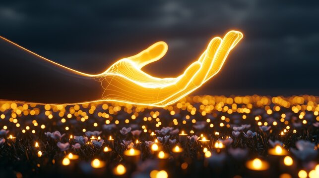 A luminous hand descending through a dark sky, illuminating memorial flowers and candles below, a solemn yet uplifting tribute