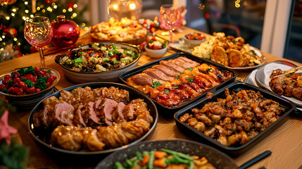 Obraz premium beautifully set dinner table featuring variety of festive dishes, including meats, salads, and desserts, perfect for celebrations