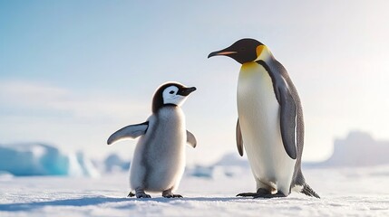 Fototapeta premium A young penguin chick being fed by its parent on a sunny day in Antarctica