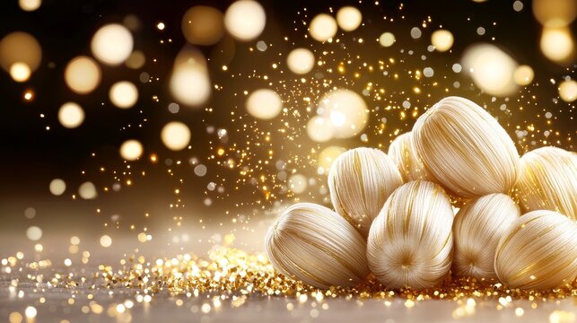 A vibrant composition of silkworm cocoons with subtle golden light, symbolizing rejuvenation and natural skin enhancement