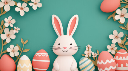 Obraz premium A cute, pastel-colored Easter bunny sits surrounded by decorated eggs and flowers against a teal background, embodying a festive spring theme.
