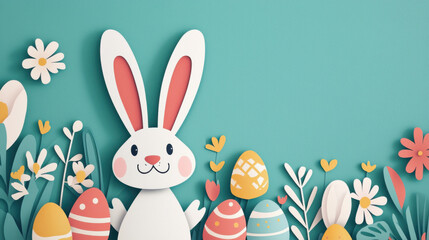A cheerful, cartoon-style bunny stands among colorful Easter eggs and flowers against a bright teal background.