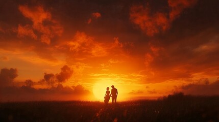 Fototapeta premium Romantic Couple Silhouette at Sunset Landscape Photo