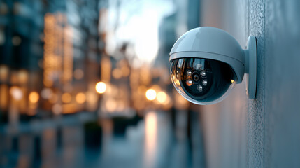 Modern security camera mounted on a wall, capturing an urban scene with blurred lights during sunset.