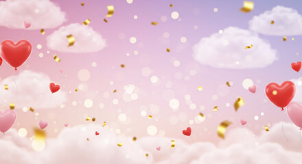 Romantic Valentine's Day Heart Balloons Floating in Cloudy Sky with Gold Confetti