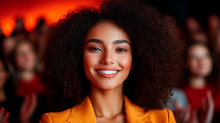 Fototapeta premium Smiling stylish woman, surrounded by an applauding audience, exuding confidence and positivity.