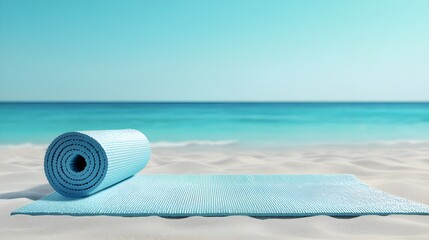 Outdoor scene with yoga mat on beach sand, soft pastels, ocean in background, ample ad space, relaxing and refreshing health & wellness appeal
