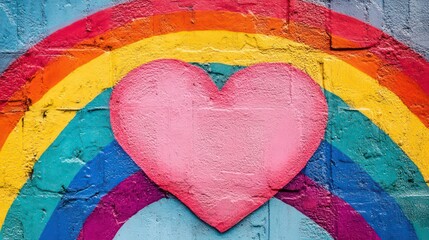 Fototapeta premium Pink heart painted on a brick wall with a rainbow arch.