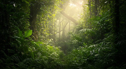 Obraz premium Lush Tropical Rainforest Sunlight Path Mystery Adventure