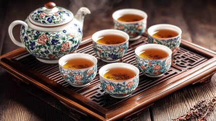 Fototapeta premium A traditional Chinese tea set with intricate patterns and a calm atmosphere.