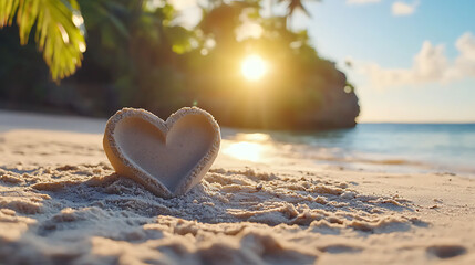 Fototapeta premium scenic beach features heart shaped sand sculpture at sunset, creating romantic atmosphere