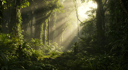 Obraz premium Sunbeams Illuminate Lush Tropical Rainforest Path