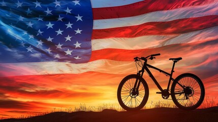 Fototapeta premium A bicycle silhouette stands boldly against a billowing American flag, intricate fabric textures in vibrant red, white, and blue, glowing sunset lighting