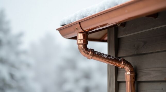 Copper gutter and downspout system detail during a light snowfall on a wood-sided structure
