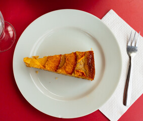 There is dessert on round plate.Small piece of fresh soft apple pie with delicate crispy crust,complemented by cup of hot tea