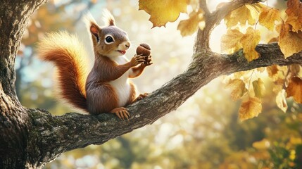 Obraz premium Cute Squirrel Holding Acorn on Branch