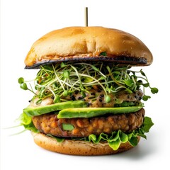 A gourmet tempeh burger with avocado, sprouts, and miso mayo
