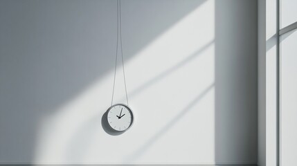 A metaphorical representation of modern lifestyle, a hanging clock on a minimalistic wall, Time scene