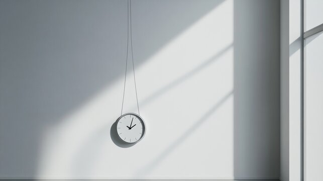 A metaphorical representation of modern lifestyle, a hanging clock on a minimalistic wall, Time scene