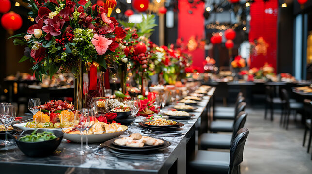 vibrant Chinese New Year banquet featuring long table adorned with flowers, delicious dishes, and festive decorations