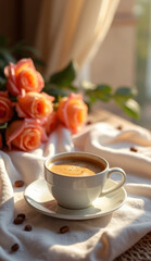 Obraz premium Tasse de Café Crémeux avec Mousse Art Latte et Roses en Décor Printanier