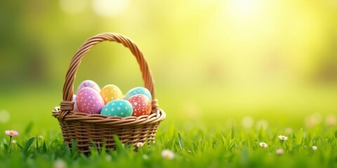 Colorful easter eggs in basket on sunny spring meadow