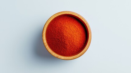 Close-up of bright red paprika powder in a handcrafted wooden bowl on a clean white background, vibrant colors symbolizing natural spices