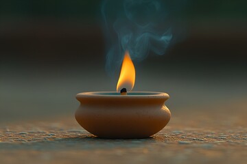 Handcrafted clay pot with burning incense stick emitting smoke in a natural serene setting