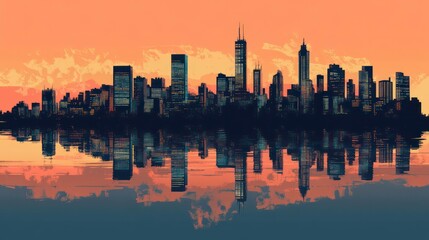 Fototapeta premium City skyline reflected in water at sunset.