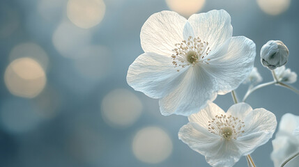 A close-up view of the glass crystal flower Diphylleia grayi with delicate transparent petals reflecting light surrounded by a blurred chaotic backdrop and caption space on the side
