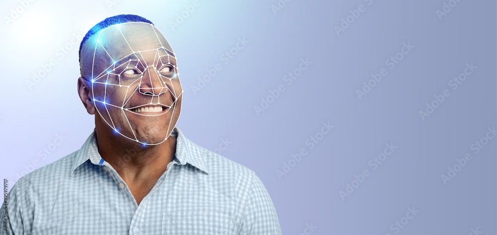 Poster A person with a smile displays facial recognition technology on their face. This modern method illustrates the capabilities of advanced identification systems in a minimalist environment.