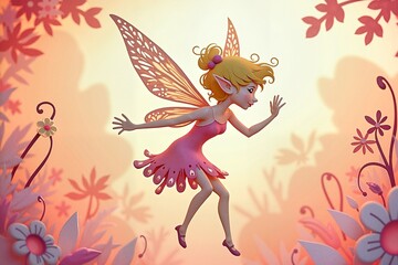 Daring pixie joyfully dancing in whimsical papercut fairytale scene with pastel flowers, enchanting fantasy concept.  Greeting card or print for birthday celebration
