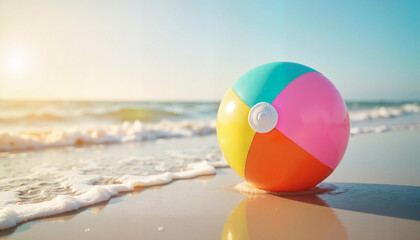 Colorful beach ball resting on shoreline in morning light, summer fun