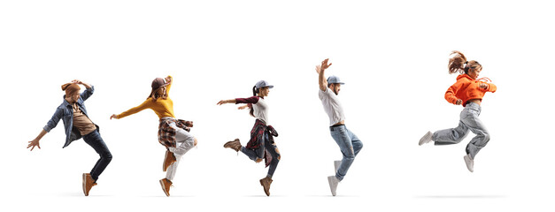 Group of young people dancing in a line