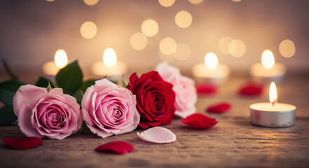 Romantic Roses and Candles on Wooden Table with Bokeh Lights