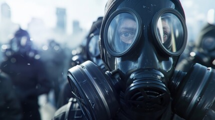 A group of individuals wearing gas masks stands in a foggy urban environment, evoking themes of survival and fear in a dystopian setting.