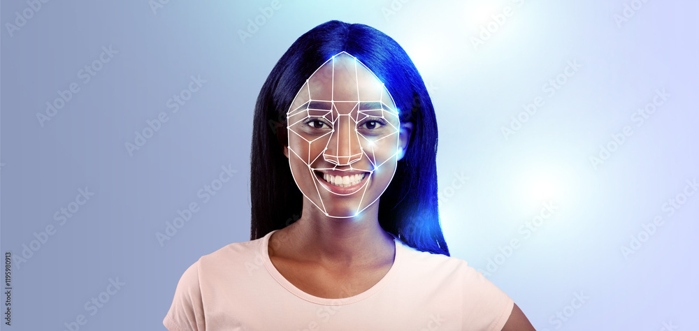 Poster modern facial recognition technology highlights a young woman face, emphasizing identification featu