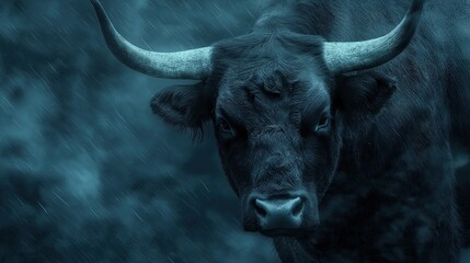 A bull with horns is standing in the rain