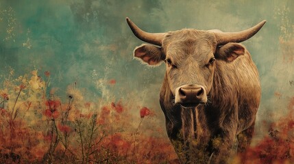 A bull is standing in a field of flowers