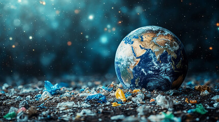 Earth seen from space with plastic waste scattered on one side symbolizing environmental chaos and the urgency of Earth Day, blank space for caption, focus on sustainability and conservation efforts

