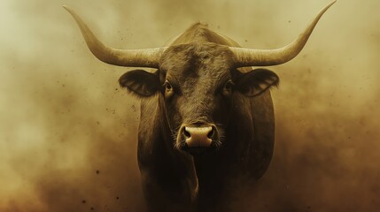Naklejka premium A bull with its horns raised in the air