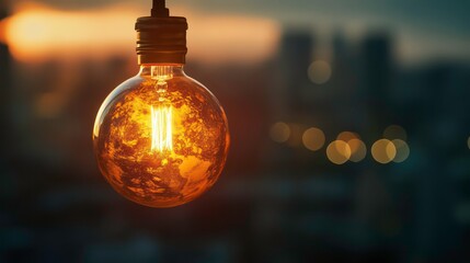Glowing Edison bulb hanging against a blurred cityscape sunset.