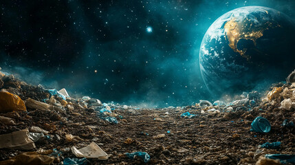 Earth seen from space with plastic waste scattered on one side symbolizing environmental chaos and the urgency of Earth Day, blank space for caption, focus on sustainability and conservation efforts

