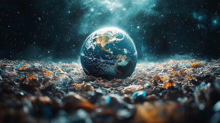 Earth seen from space with plastic waste scattered on one side symbolizing environmental chaos and the urgency of Earth Day, blank space for caption, focus on sustainability and conservation efforts

