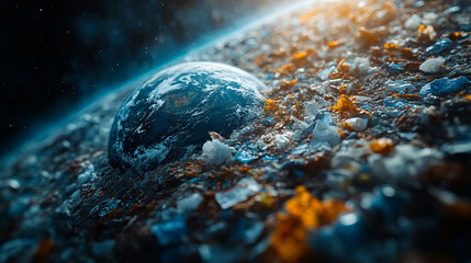 Earth seen from space with plastic waste scattered on one side symbolizing environmental chaos and the urgency of Earth Day, blank space for caption, focus on sustainability and conservation efforts

