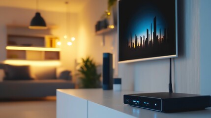 Modern living room with smart TV and internet router.